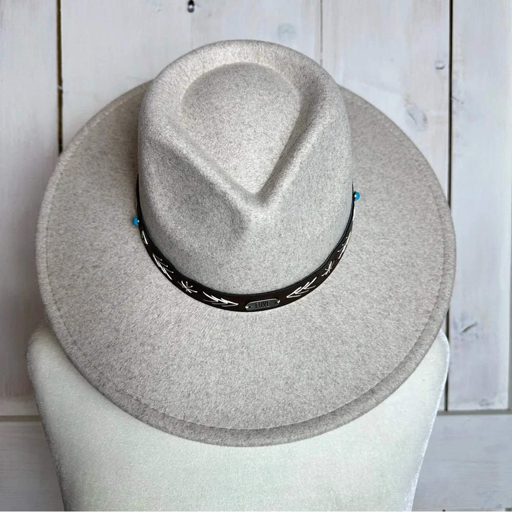 Frye Felt & Faux Leather‎ Embellished Wide Brim Rancher Cowgirl Hat Southwestern - Picture 5 of 12